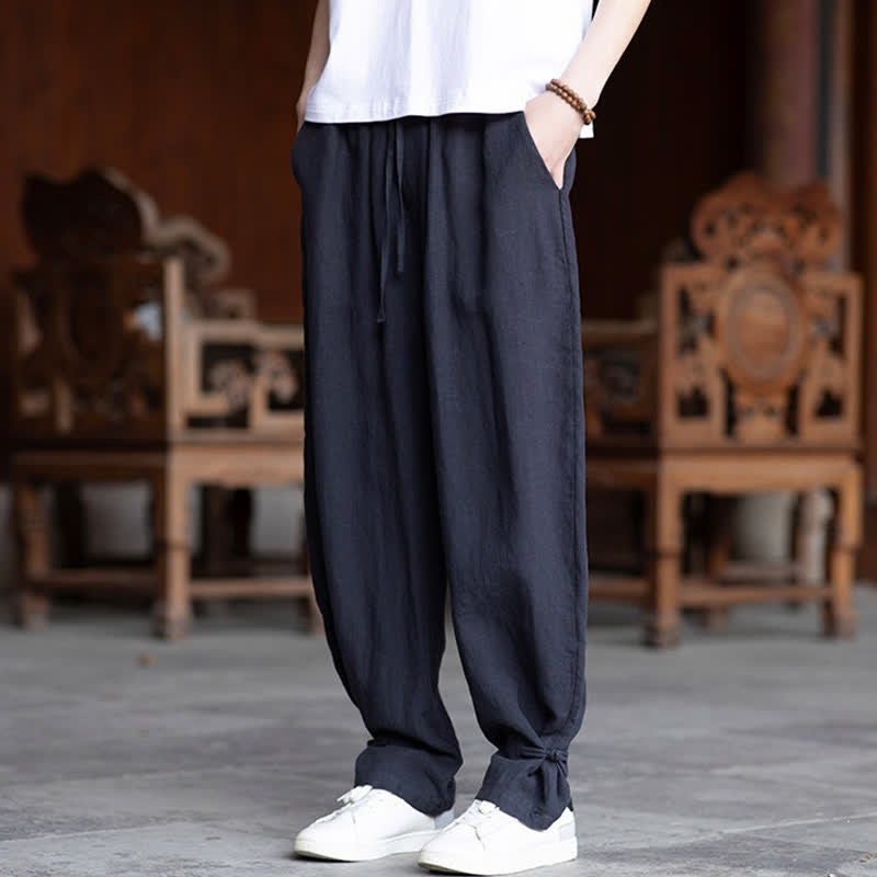 Buddha Stones 夏物カジュアルヴィンテージドローストリングゴムウエスト無地アンクルパンツメンズテーパードパンツ - image 27