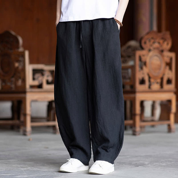 Buddha Stones 夏物カジュアルヴィンテージドローストリングゴムウエスト無地アンクルパンツメンズテーパードパンツ - image 12