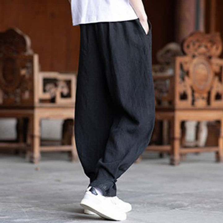 Buddha Stones 夏物カジュアルヴィンテージドローストリングゴムウエスト無地アンクルパンツメンズテーパードパンツ - image 15