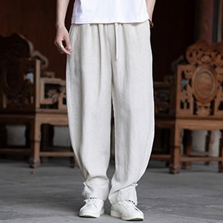 Buddha Stones 夏物カジュアルヴィンテージドローストリングゴムウエスト無地アンクルパンツメンズテーパードパンツ - image 5