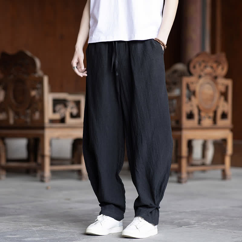 Buddha Stones 夏物カジュアルヴィンテージドローストリングゴムウエスト無地アンクルパンツメンズテーパードパンツ - image 19