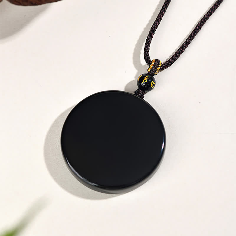 Buddha Stones 黒曜石の丸型プロテクション編み込みロープネックレス - image 1