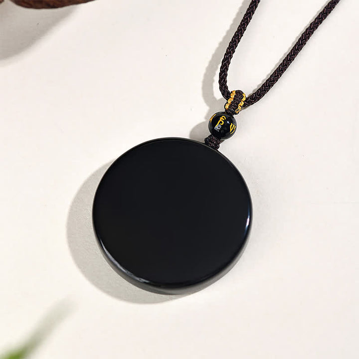 Buddha Stones 黒曜石の丸型プロテクション編み込みロープネックレス - image 1