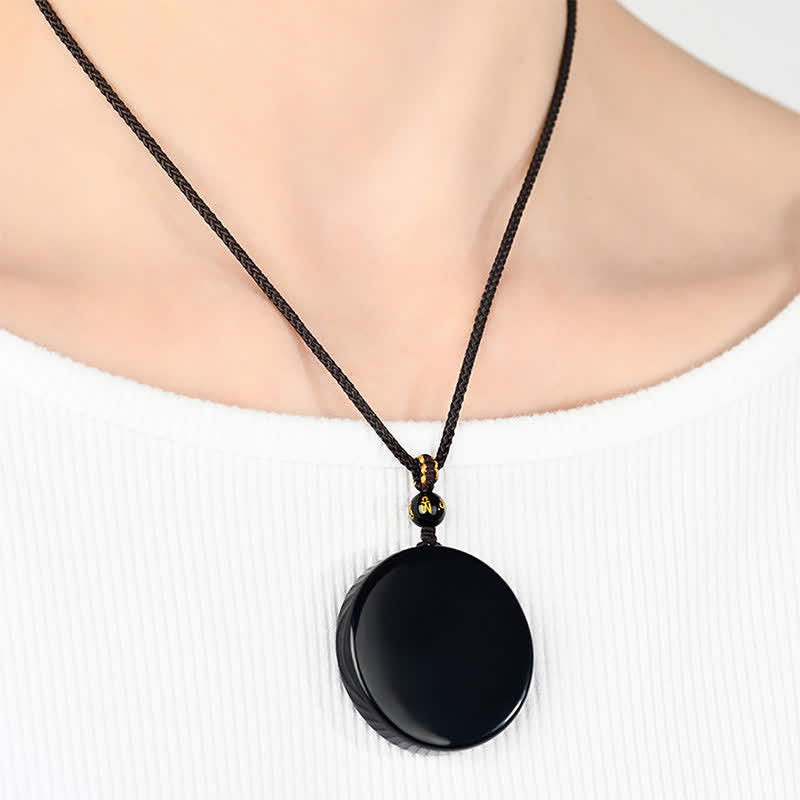 Buddha Stones 黒曜石の丸型プロテクション編み込みロープネックレス - image 4