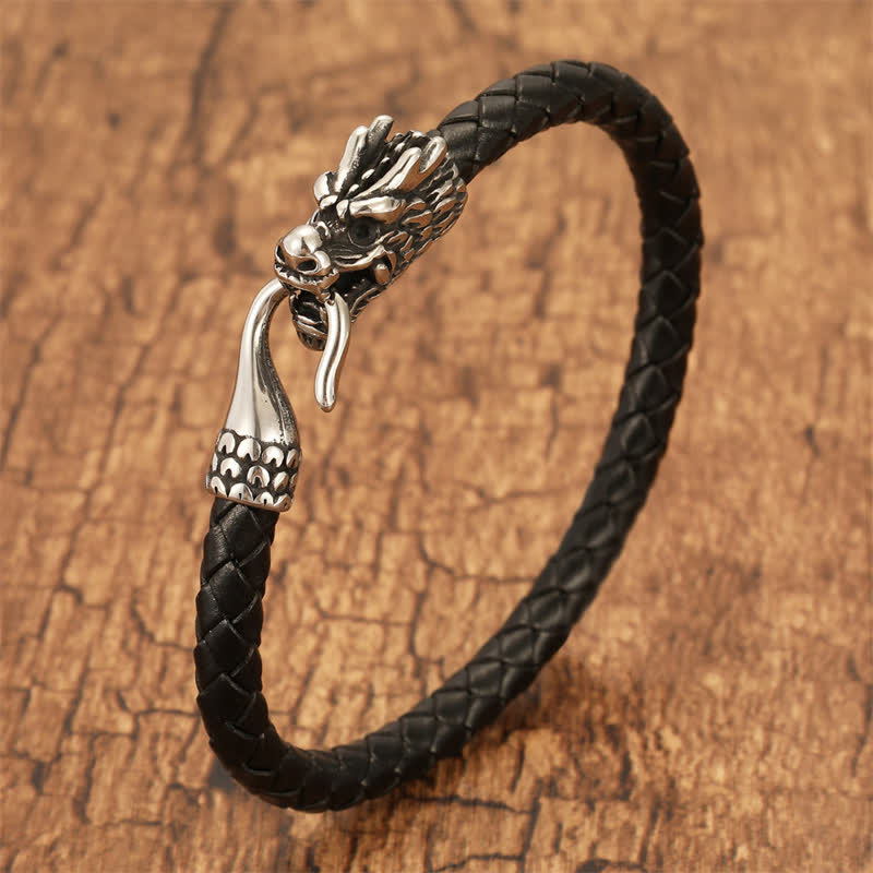 Buddha Stones 編み込みレザーのドラゴンストレングスパンクブレスレット - 黒 - 7.9～8.3インチ（20～21cm） - image 0