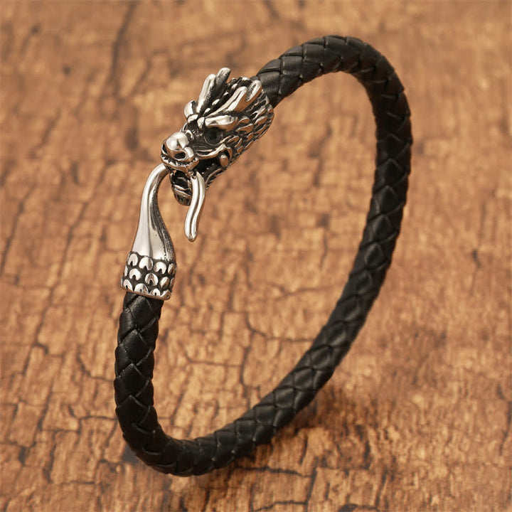 Buddha Stones 編み込みレザーのドラゴンストレングスパンクブレスレット - 黒 - 7.9～8.3インチ（20～21cm） - image 0