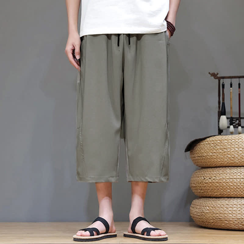 Buddha Stones 夏物カジュアルミニマリストドローストリング無地メンズクロップドパンツ（ポケット付き） - image 1