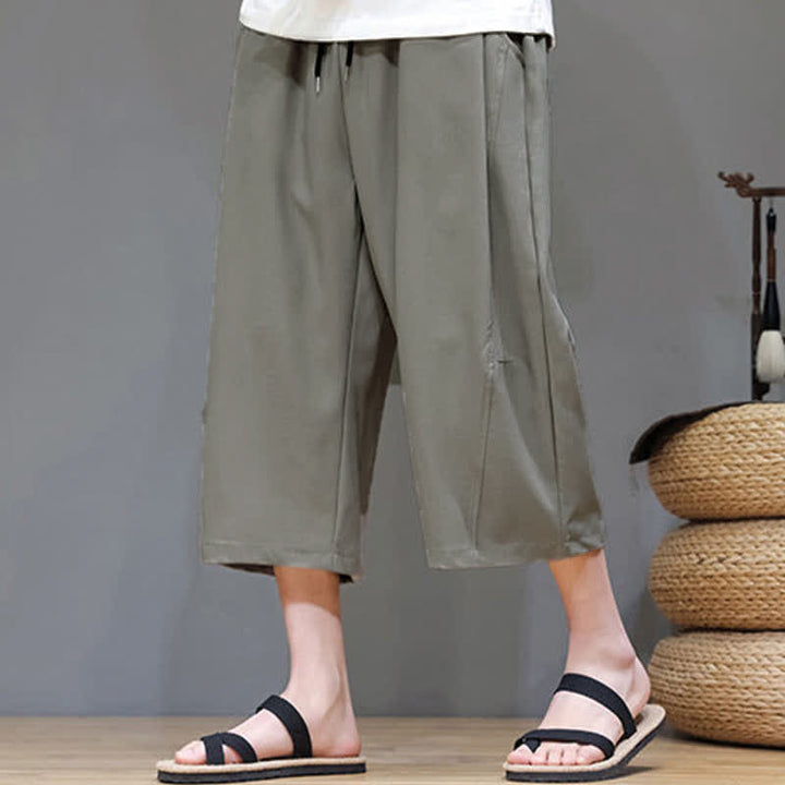 Buddha Stones 夏物カジュアルミニマリストドローストリング無地メンズクロップドパンツ（ポケット付き） - image 5