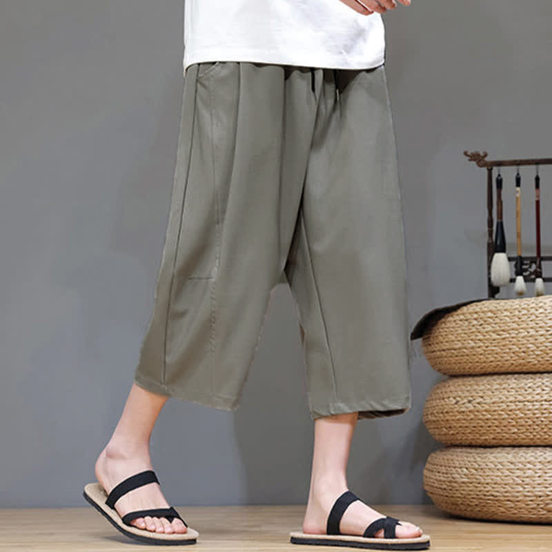 Buddha Stones 夏物カジュアルミニマリストドローストリング無地メンズクロップドパンツ（ポケット付き） - image 6