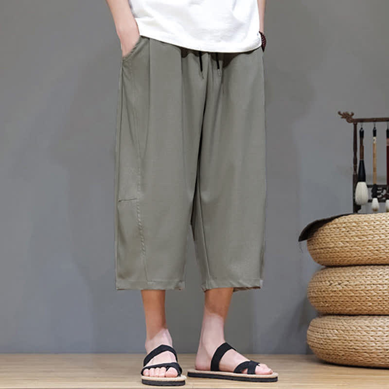 Buddha Stones 夏物カジュアルミニマリストドローストリング無地メンズクロップドパンツ（ポケット付き） - image 2