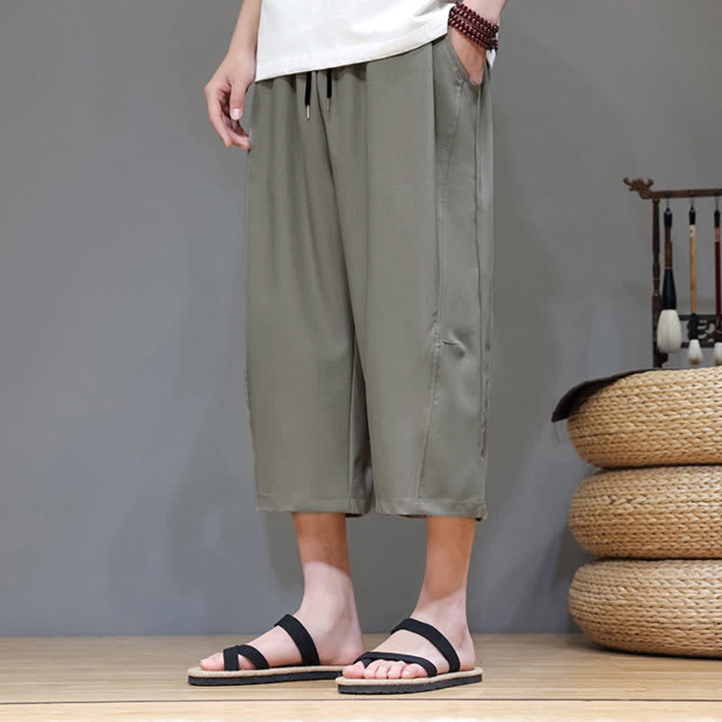 Buddha Stones 夏物カジュアルミニマリストドローストリング無地メンズクロップドパンツ（ポケット付き） - image 3