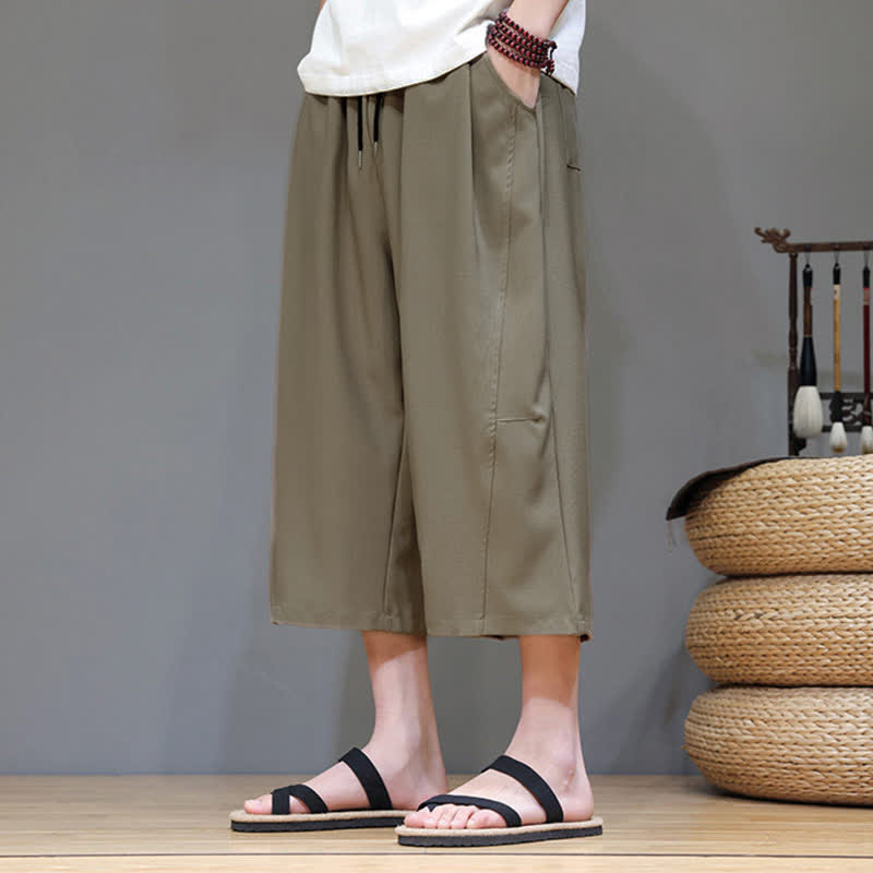 Buddha Stones 夏物カジュアルミニマリストドローストリング無地メンズクロップドパンツ（ポケット付き） - image 28