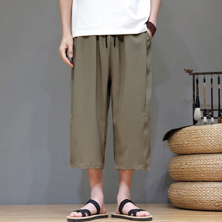 Buddha Stones 夏物カジュアルミニマリストドローストリング無地メンズクロップドパンツ（ポケット付き） - image 22
