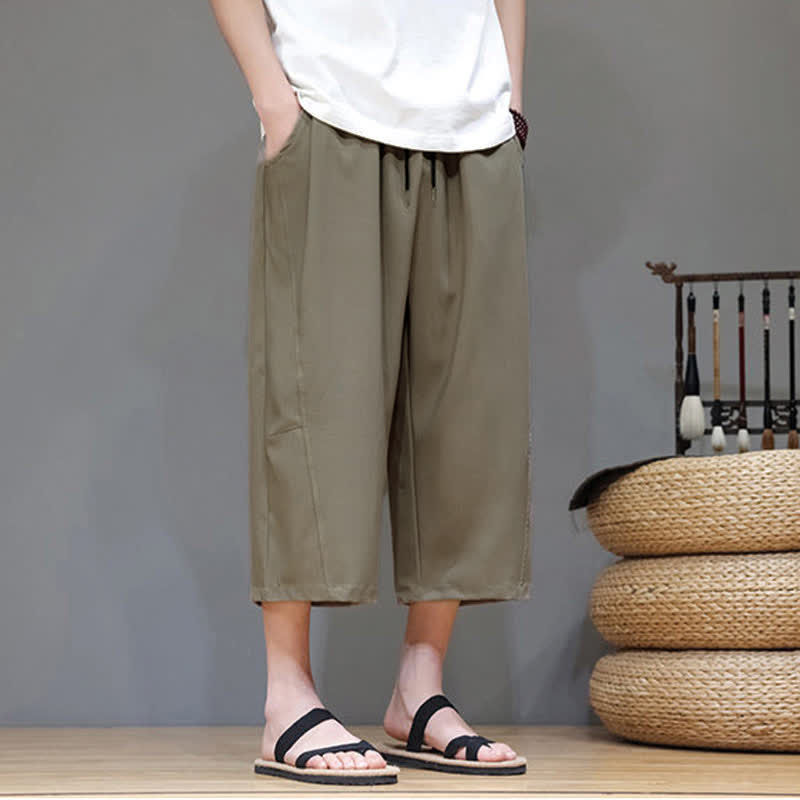 Buddha Stones 夏物カジュアルミニマリストドローストリング無地メンズクロップドパンツ（ポケット付き） - image 24