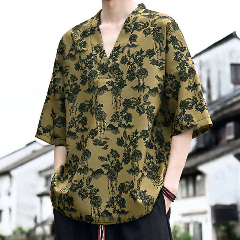 Buddha Stones 夏物カジュアル 唐草風 花柄 Vネック メンズ 半袖Tシャツ - image 13