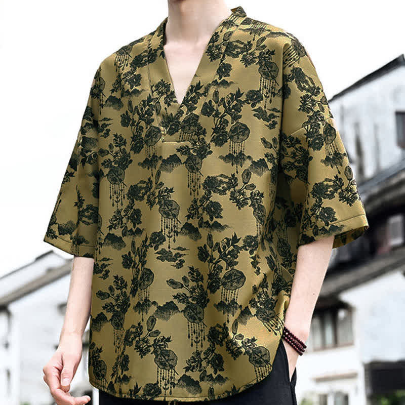 Buddha Stones 夏物カジュアル 唐草風 花柄 Vネック メンズ 半袖Tシャツ - image 14