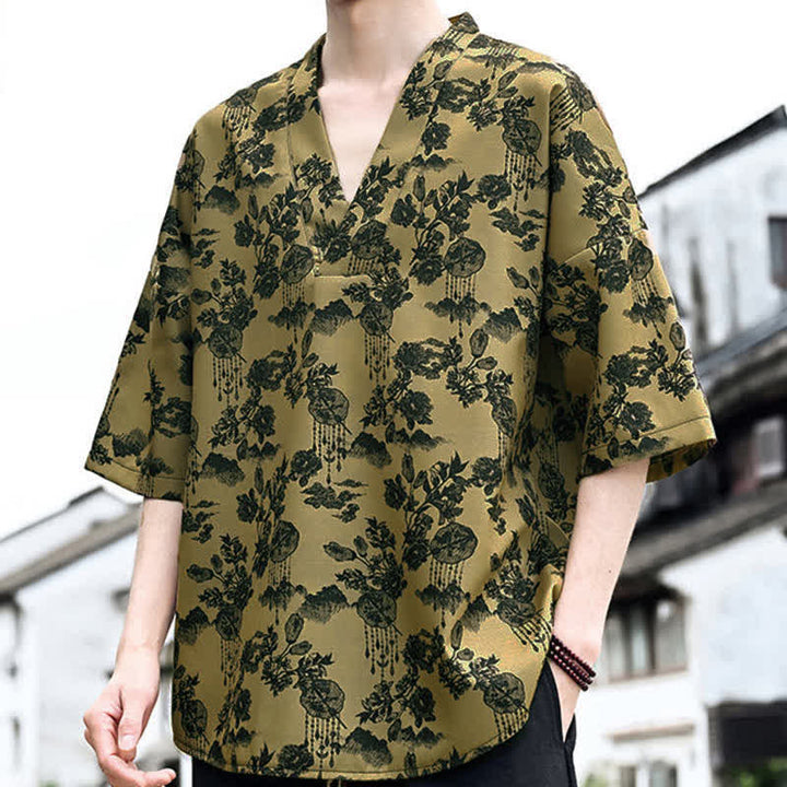 Buddha Stones 夏物カジュアル 唐草風 花柄 Vネック メンズ 半袖Tシャツ - image 14