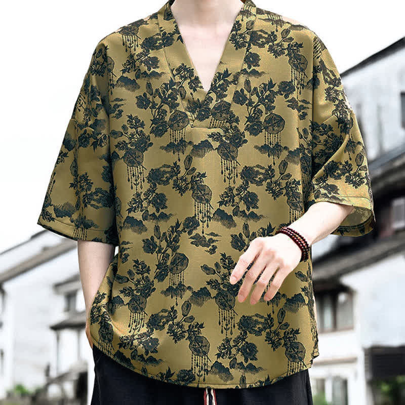 Buddha Stones 夏物カジュアル 唐草風 花柄 Vネック メンズ 半袖Tシャツ - image 12