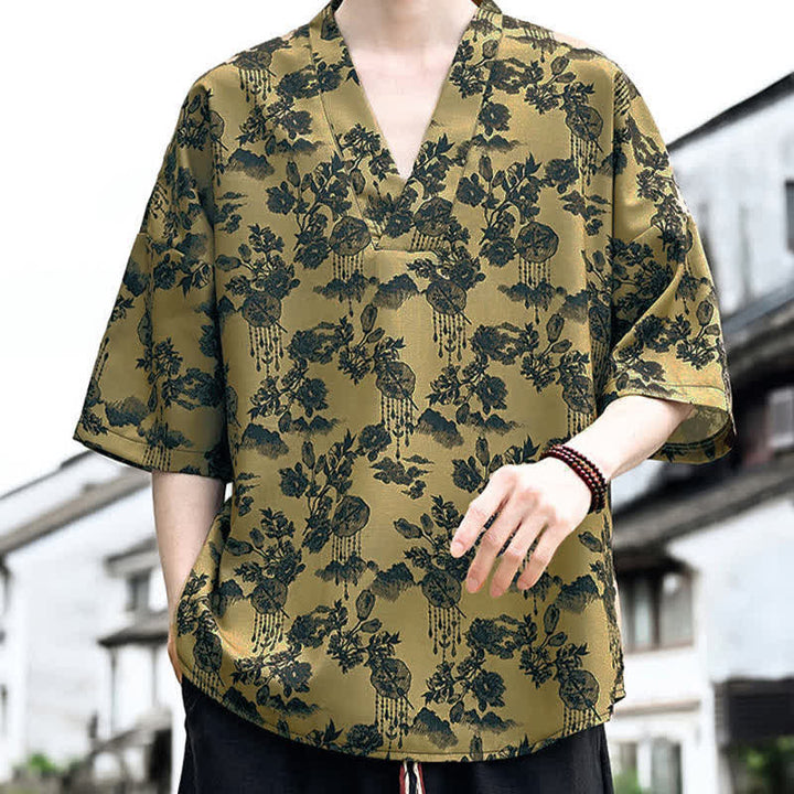 Buddha Stones 夏物カジュアル 唐草風 花柄 Vネック メンズ 半袖Tシャツ - image 12