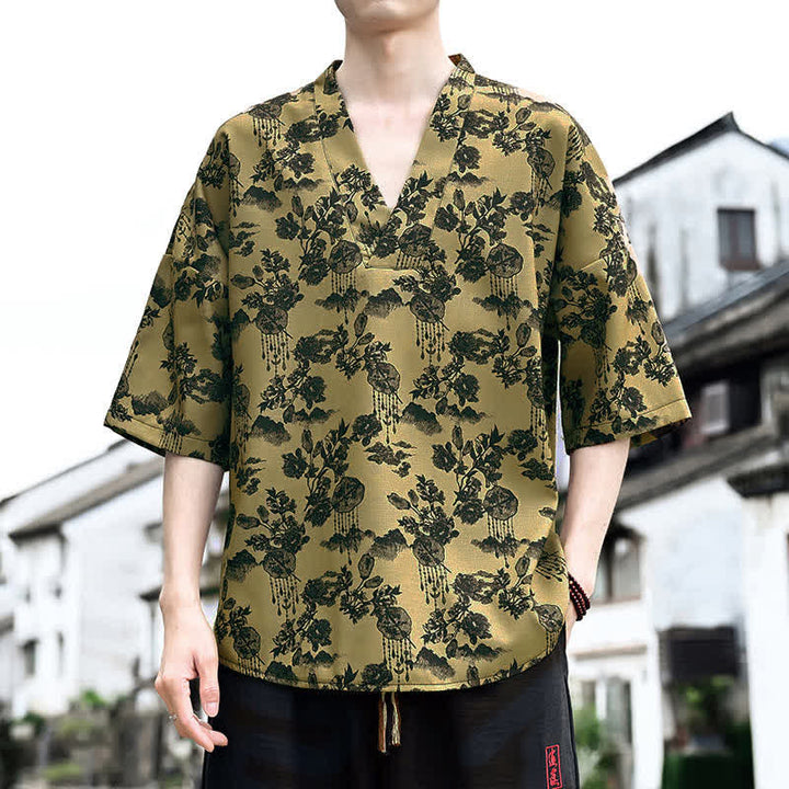 Buddha Stones 夏物カジュアル 唐草風 花柄 Vネック メンズ 半袖Tシャツ - ダークカーキ - US/UK/AU46, EU56 （5XL） - image 11