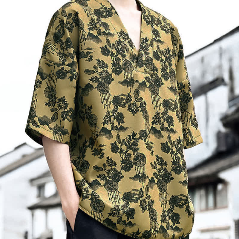 Buddha Stones 夏物カジュアル 唐草風 花柄 Vネック メンズ 半袖Tシャツ - image 16