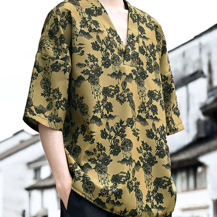 Buddha Stones 夏物カジュアル 唐草風 花柄 Vネック メンズ 半袖Tシャツ - image 16