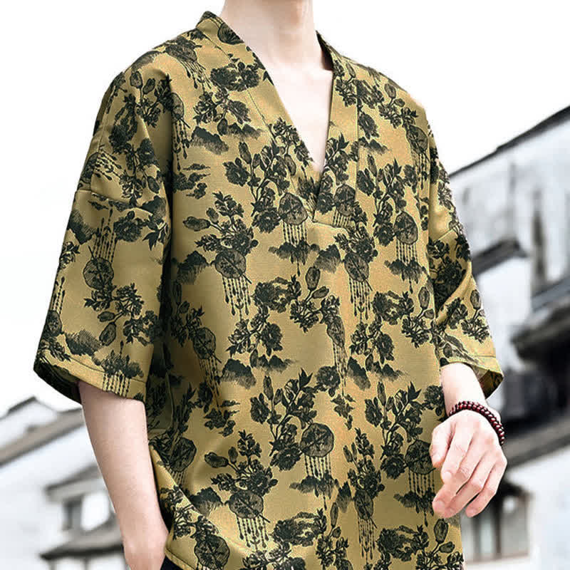 Buddha Stones 夏物カジュアル 唐草風 花柄 Vネック メンズ 半袖Tシャツ - image 17