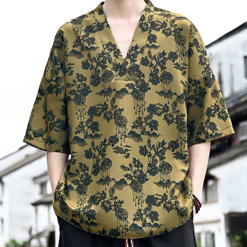 Buddha Stones 夏物カジュアル 唐草風 花柄 Vネック メンズ 半袖Tシャツ - image 15