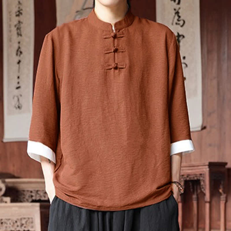 Buddha Stones 夏物 唐風 ヴィンテージ マンダリンカラー フロッグボタン 無地 メンズ 肘丈袖シャツ - image 22