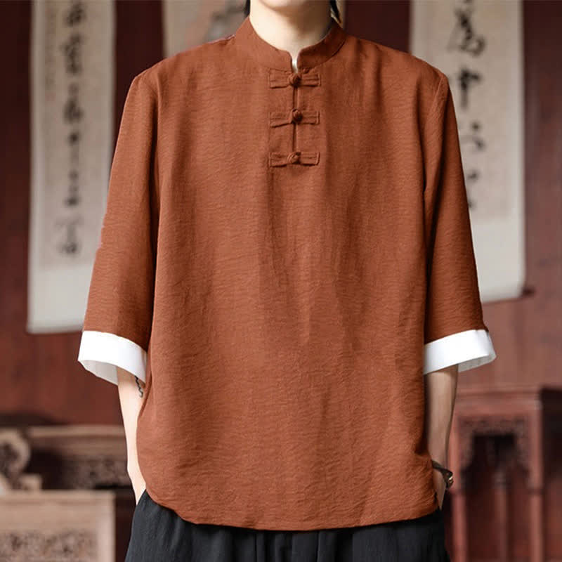 Buddha Stones 夏物 唐風 ヴィンテージ マンダリンカラー フロッグボタン 無地 メンズ 肘丈袖シャツ - チョコレート - US/UK/AU46, EU56 （5XL） - image 19