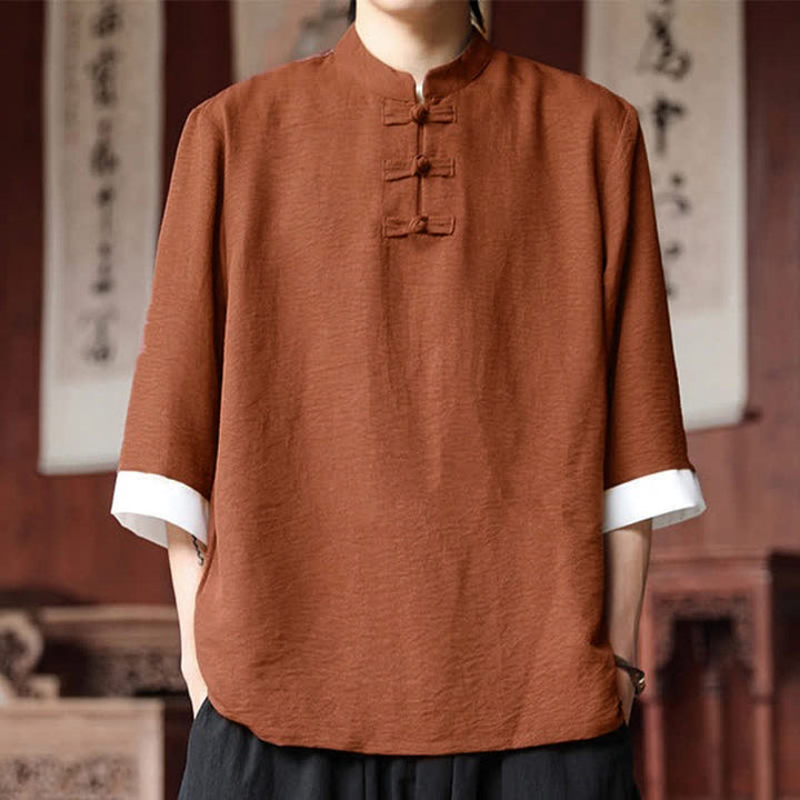 Buddha Stones 夏物 唐風 ヴィンテージ マンダリンカラー フロッグボタン 無地 メンズ 肘丈袖シャツ - チョコレート - US/UK/AU46, EU56 （5XL） - image 19