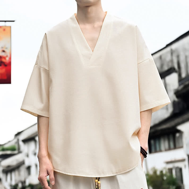 Buddha Stones 夏物ミニマリストカジュアルサイドスリット無地メンズ半袖Tシャツ - image 1