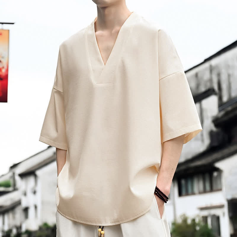 Buddha Stones 夏物ミニマリストカジュアルサイドスリット無地メンズ半袖Tシャツ - image 4
