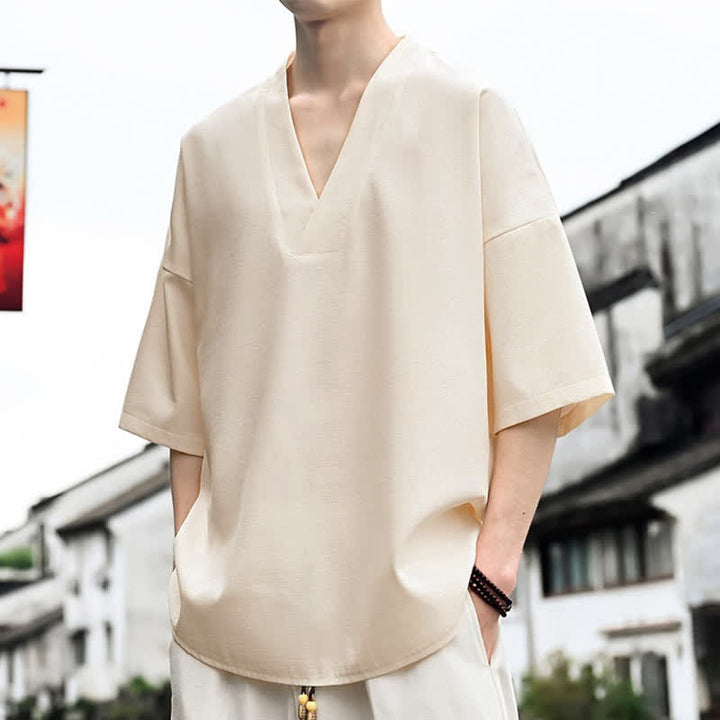 Buddha Stones 夏物ミニマリストカジュアルサイドスリット無地メンズ半袖Tシャツ - image 4