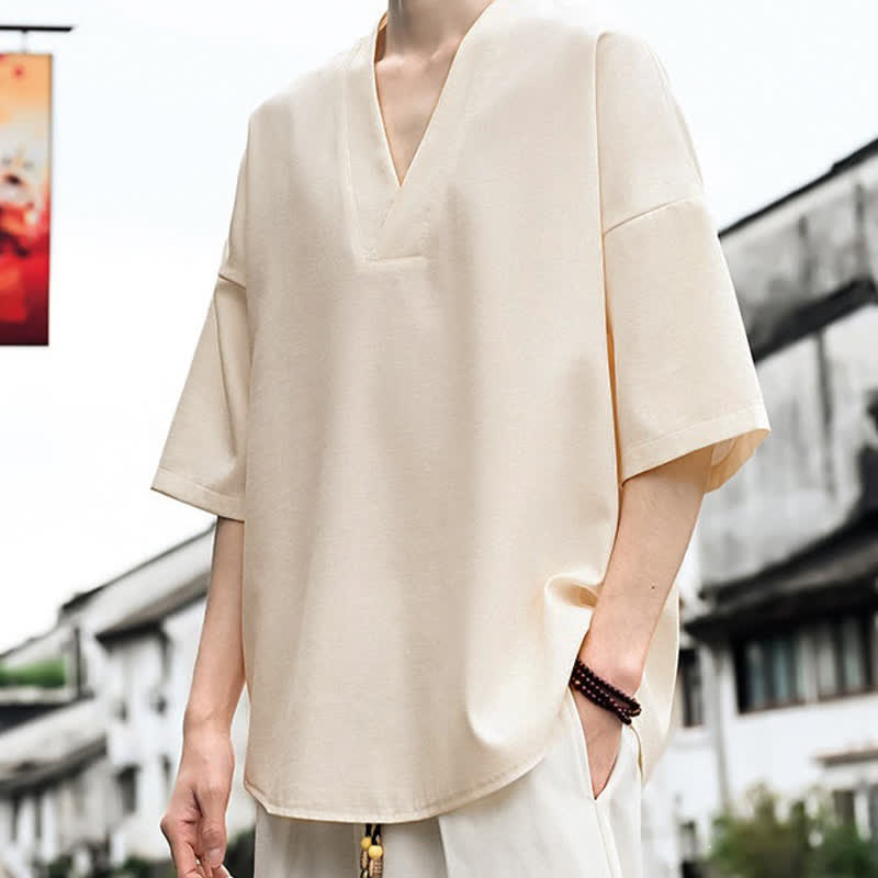 Buddha Stones 夏物ミニマリストカジュアルサイドスリット無地メンズ半袖Tシャツ - ベージュ - US/UK/AU46, EU56 （5XL） - image 0
