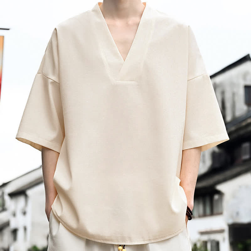 Buddha Stones 夏物ミニマリストカジュアルサイドスリット無地メンズ半袖Tシャツ - image 6