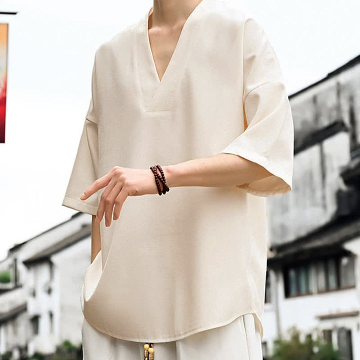 Buddha Stones 夏物ミニマリストカジュアルサイドスリット無地メンズ半袖Tシャツ - image 3
