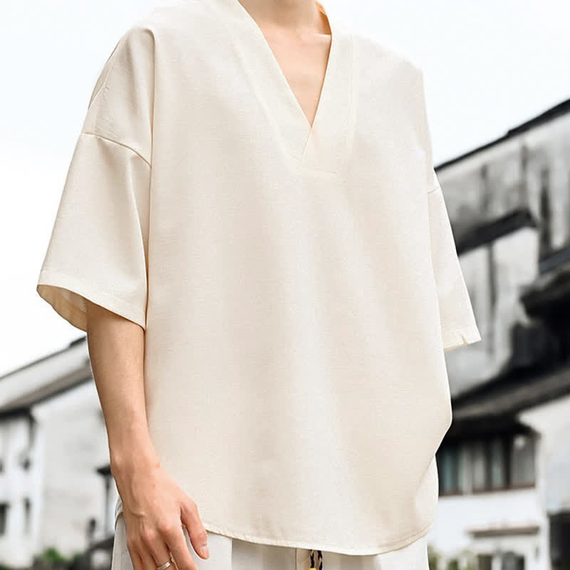 Buddha Stones 夏物ミニマリストカジュアルサイドスリット無地メンズ半袖Tシャツ - image 5