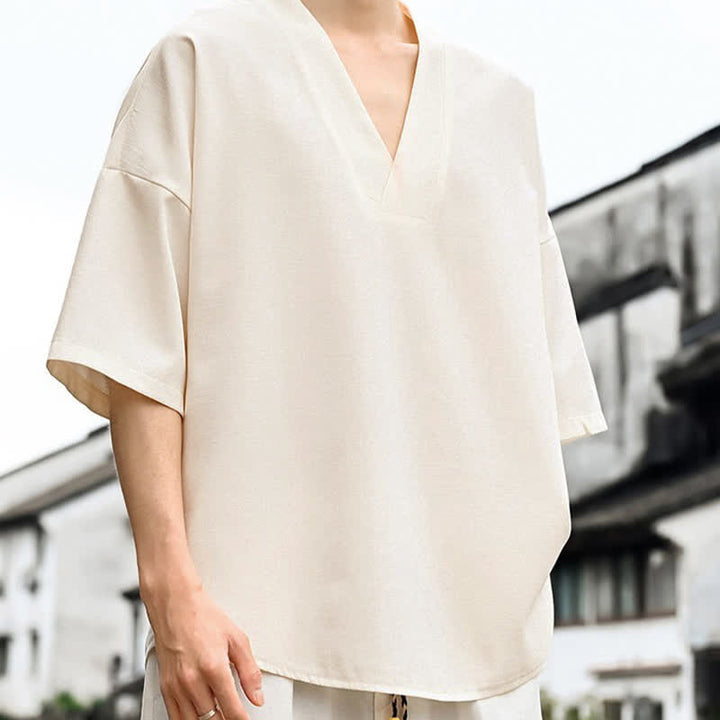 Buddha Stones 夏物ミニマリストカジュアルサイドスリット無地メンズ半袖Tシャツ - image 5