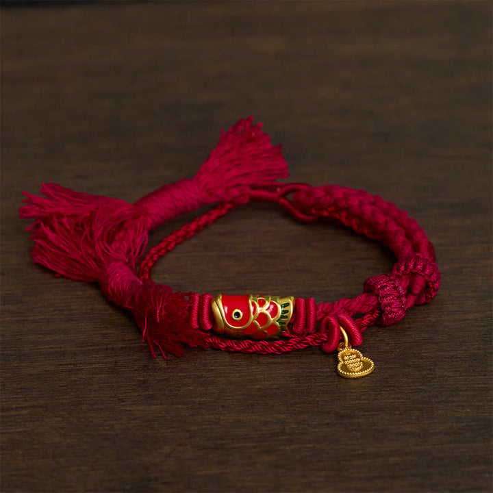Buddha Stones 合金製鯉ペンダント成就レトロ二連ブレスレット - ワインレッド - image 0