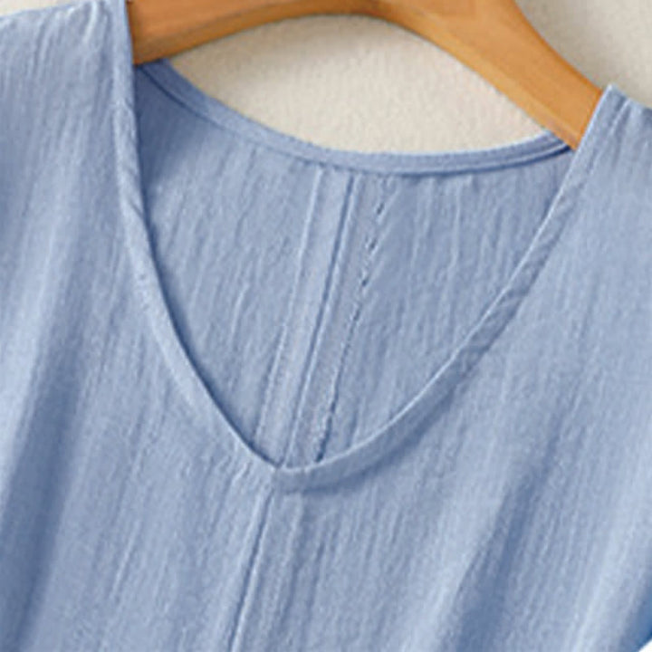 Buddha Stones 夏物カジュアルミニマリスト無地Vネックレディース半袖Tシャツ - image 3
