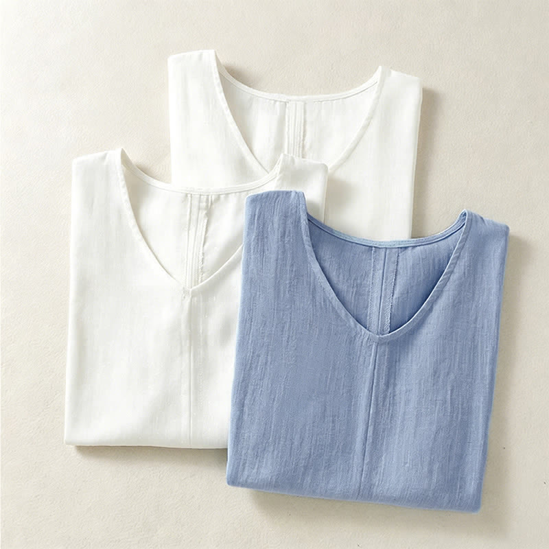 Buddha Stones 夏物カジュアルミニマリスト無地Vネックレディース半袖Tシャツ - image 20