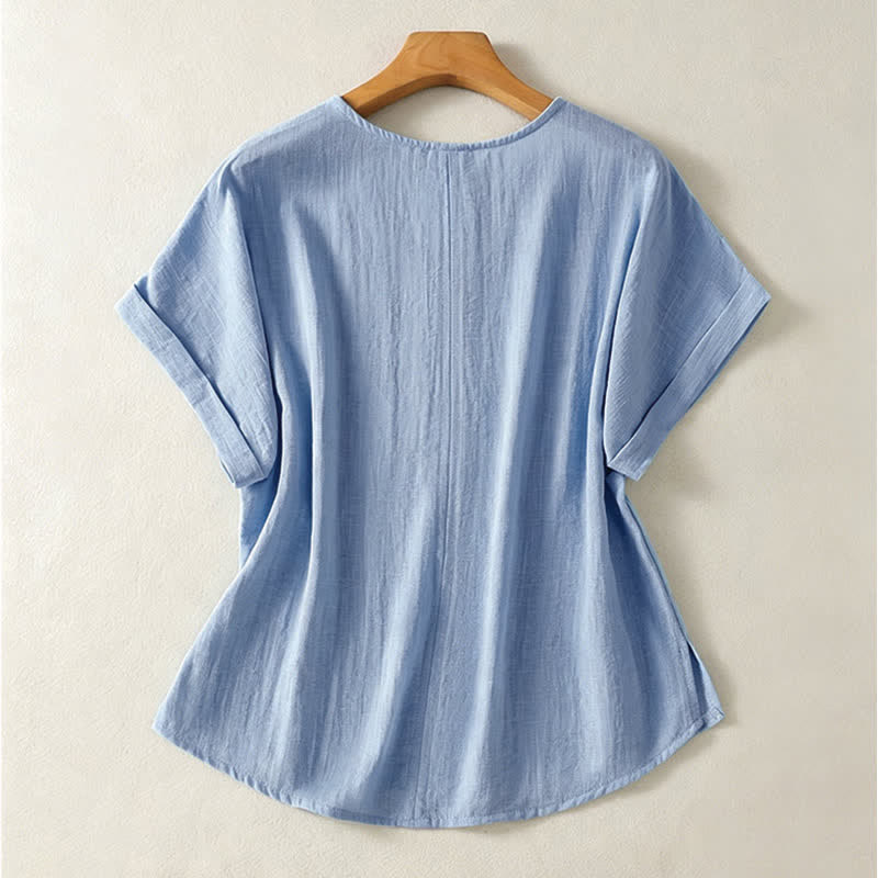 Buddha Stones 夏物カジュアルミニマリスト無地Vネックレディース半袖Tシャツ - image 1