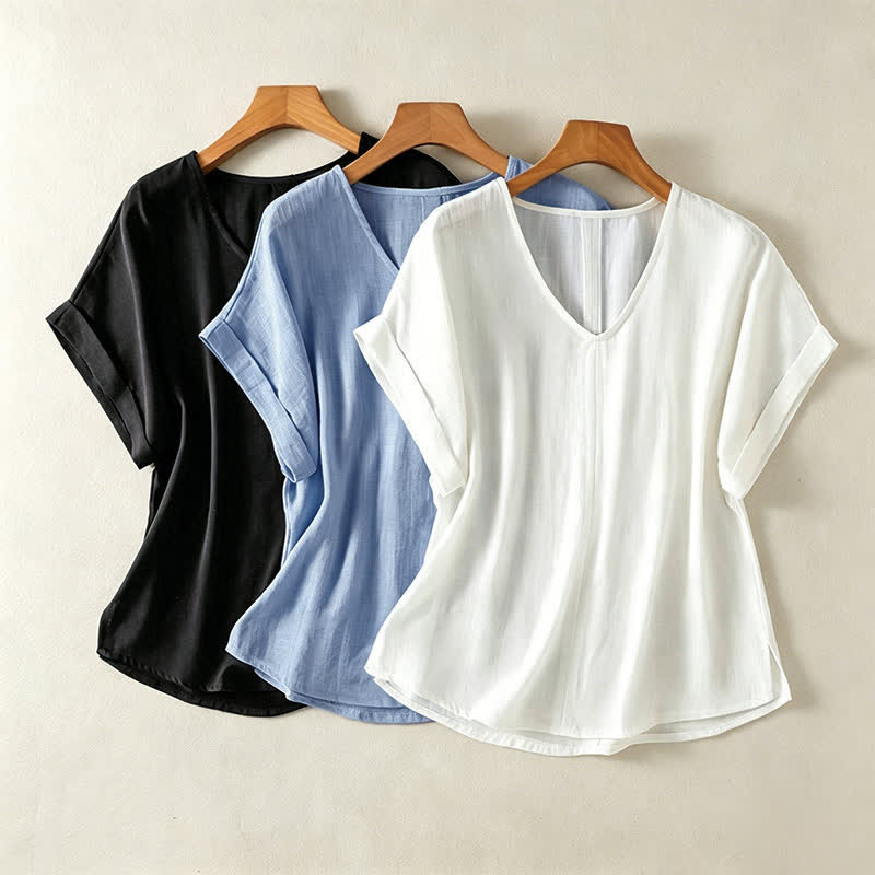 Buddha Stones 夏物カジュアルミニマリスト無地Vネックレディース半袖Tシャツ - image 19