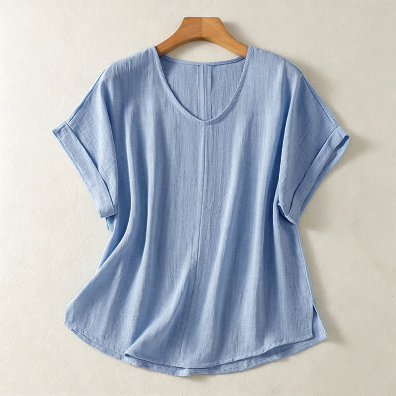 Buddha Stones 夏物カジュアルミニマリスト無地Vネックレディース半袖Tシャツ - 水色 - US8-10, UK/AU12-14, EU40-42 （2XL） - image 0