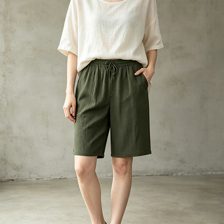 Buddha Stonesサマーカジュアル ドローストリング 無地 バミューダショーツ レディース ストレートレッグパンツ ポケット付き - image 9
