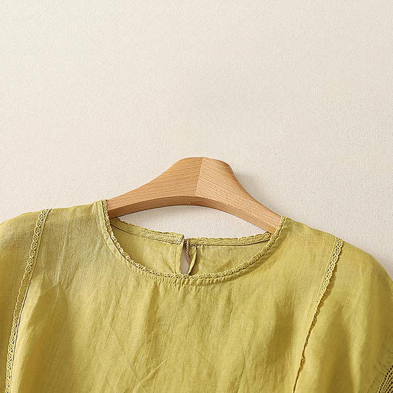 Buddha Stones 夏物カジュアルシンプルドローストリングゴム裾無地ラミーレディース半袖Tシャツ - image 10