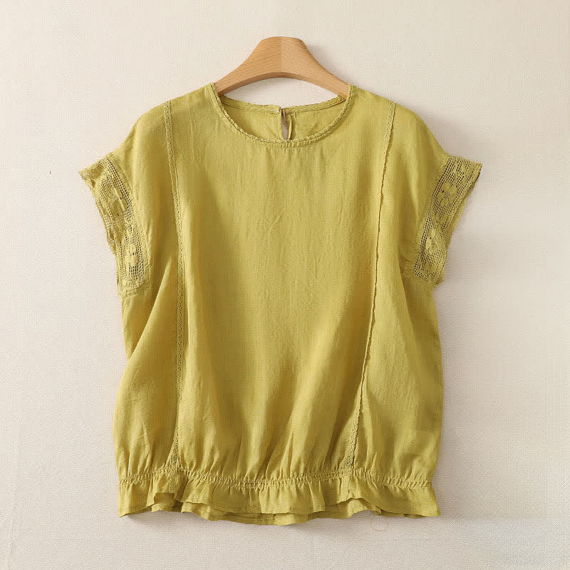 Buddha Stones 夏物カジュアルシンプルドローストリングゴム裾無地ラミーレディース半袖Tシャツ - ペールゴールデンロッド - US12, UK/AU16, EU44 （3XL） - image 9