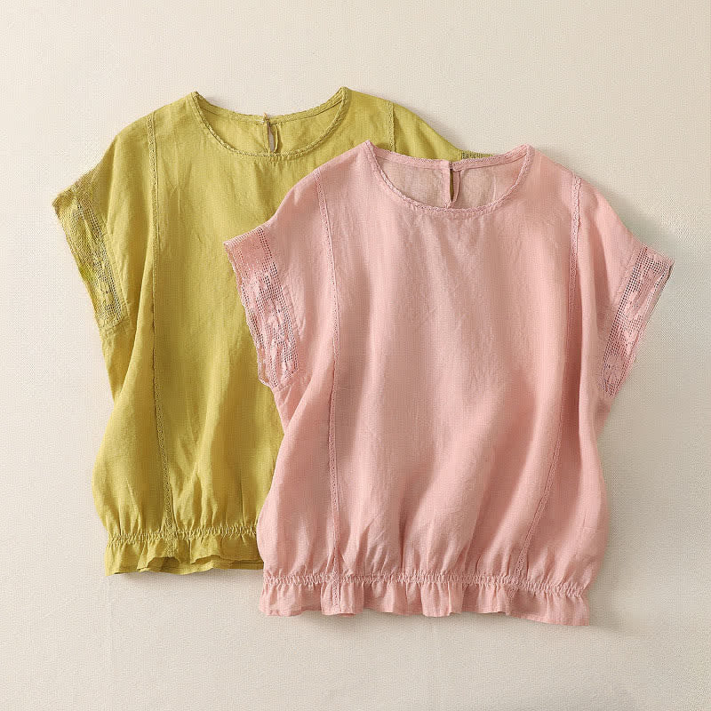 Buddha Stones 夏物カジュアルシンプルドローストリングゴム裾無地ラミーレディース半袖Tシャツ - image 13