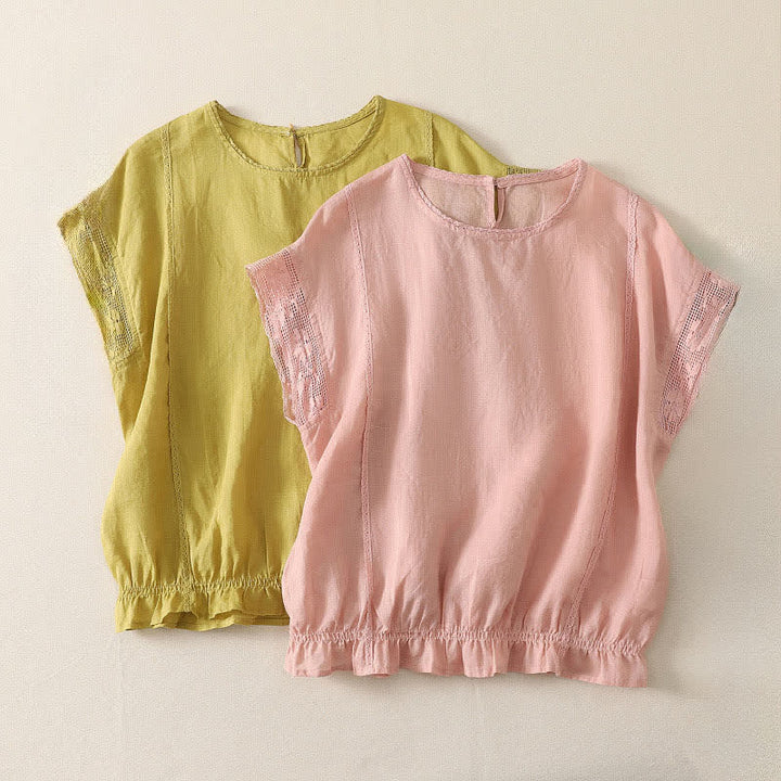 Buddha Stones 夏物カジュアルシンプルドローストリングゴム裾無地ラミーレディース半袖Tシャツ - image 13